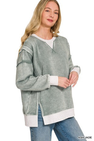 Zenana Fleece Acid Washed Contrast Trim Pullover