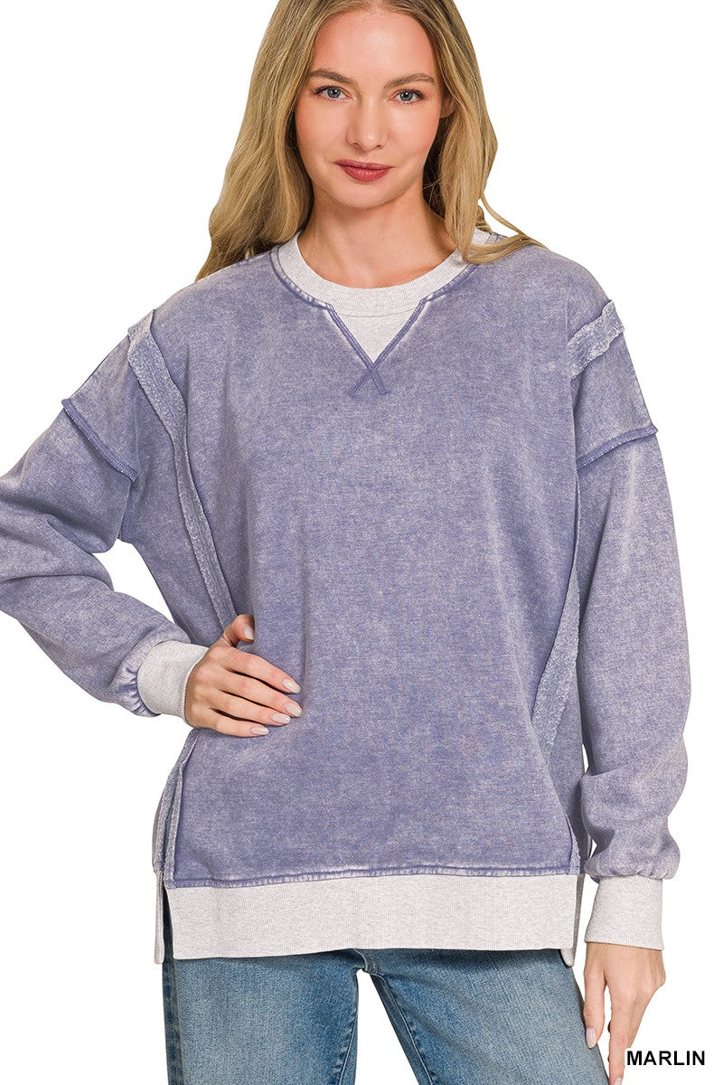 Zenana Fleece Acid Washed Contrast Trim Pullover