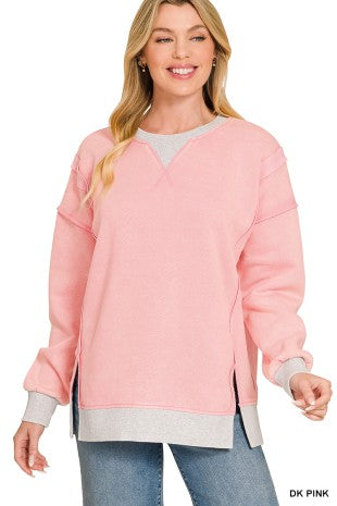 Zenana Fleece Acid Washed Contrast Trim Pullover