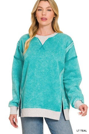 Zenana Fleece Acid Washed Contrast Trim Pullover