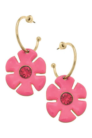 Donna Rhinestone Enamel Flower Drop Hoop Earrings