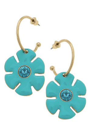 Donna Rhinestone Enamel Flower Drop Hoop Earrings