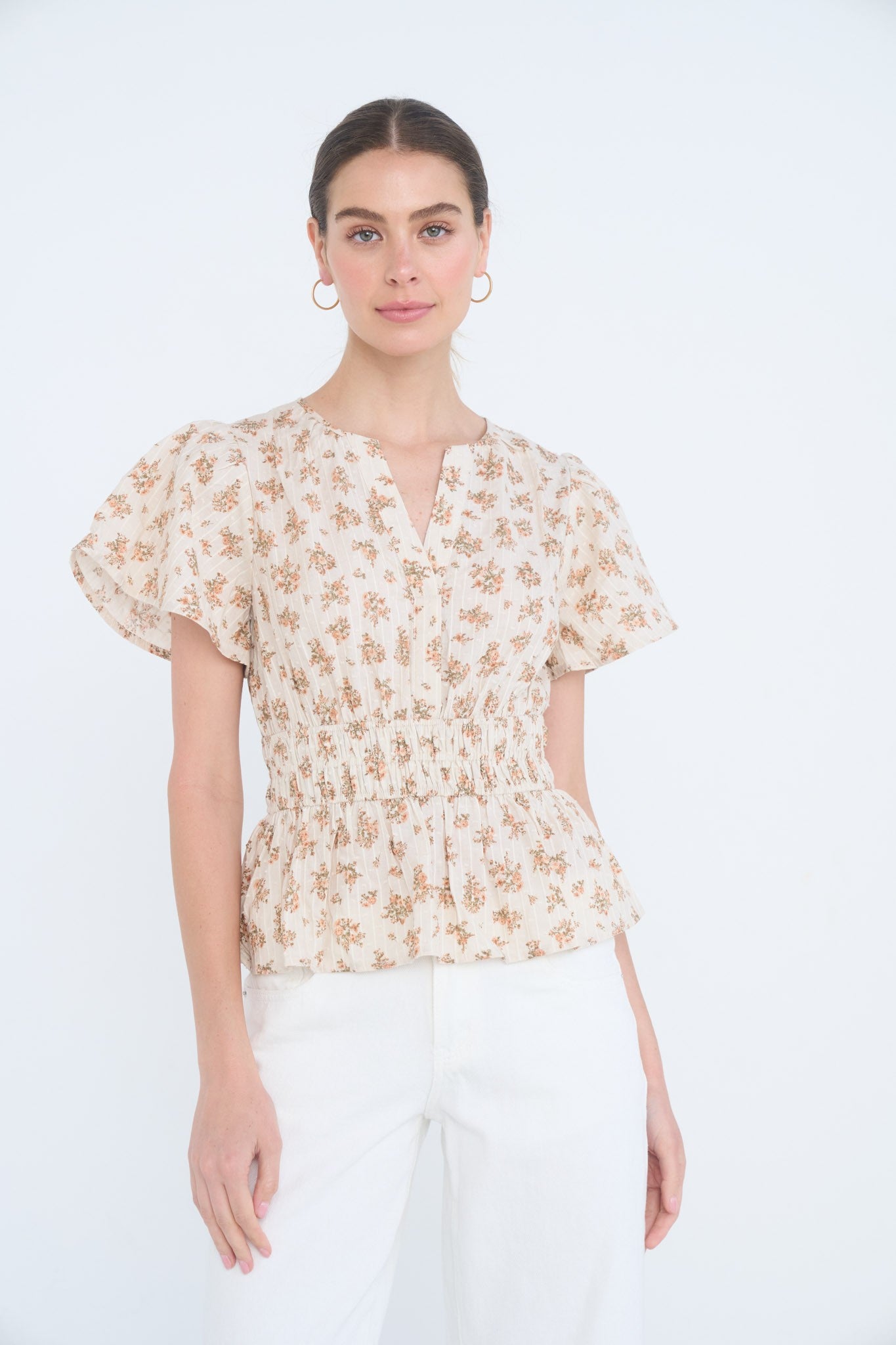 Floral Print Split Neck Bell Sleeve Top