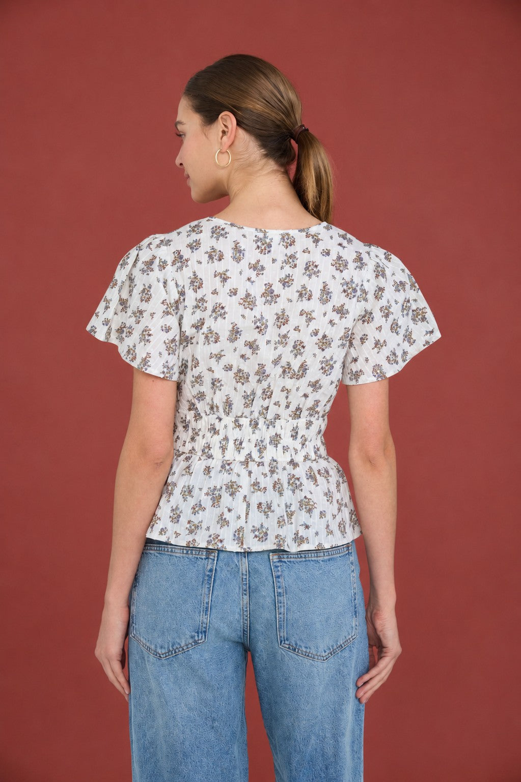 Floral Print Split Neck Bell Sleeve Top