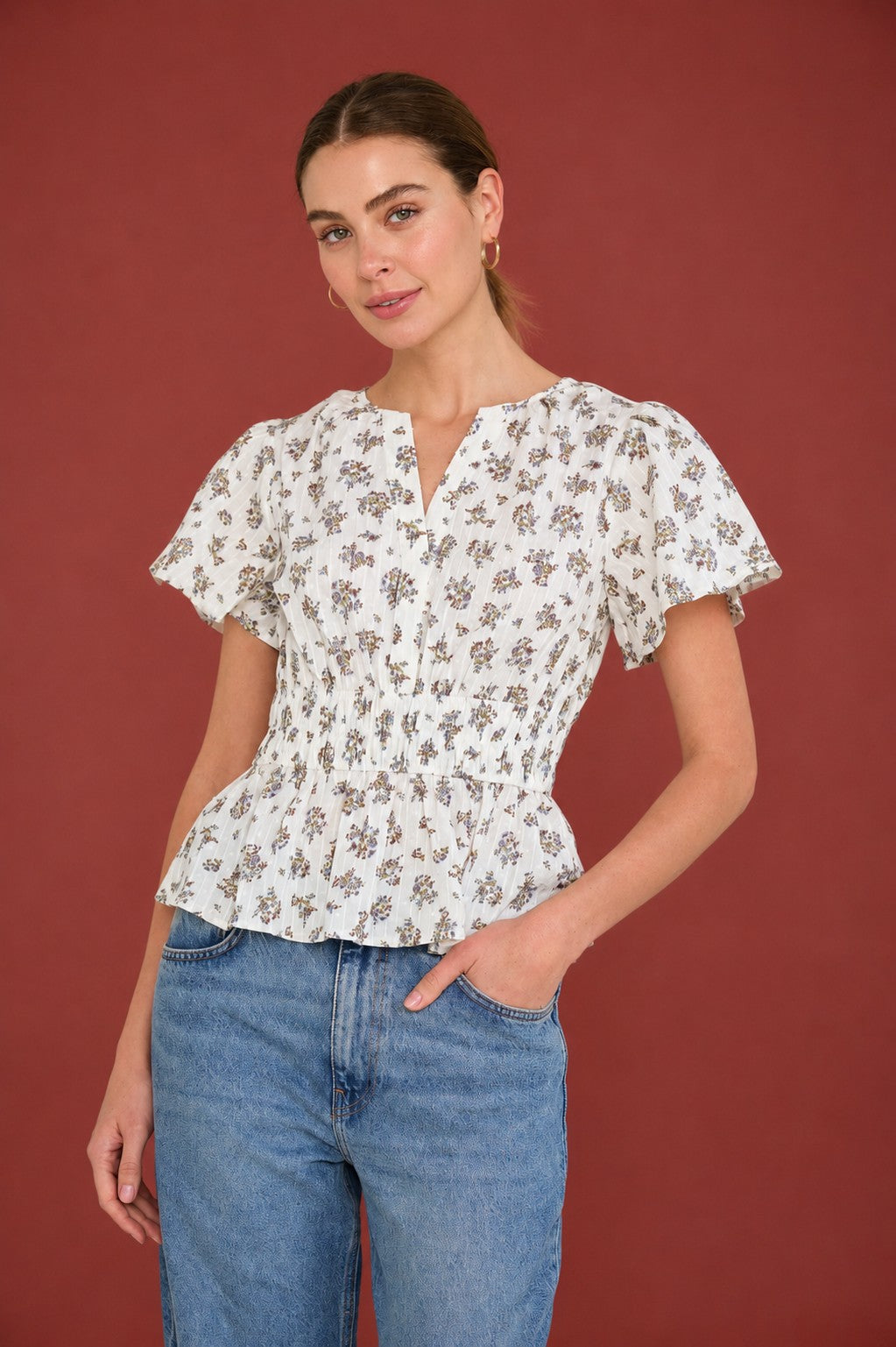 Floral Print Split Neck Bell Sleeve Top