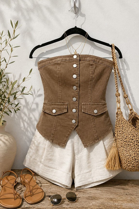Strapless Button-up Stretch Denim Corset Top