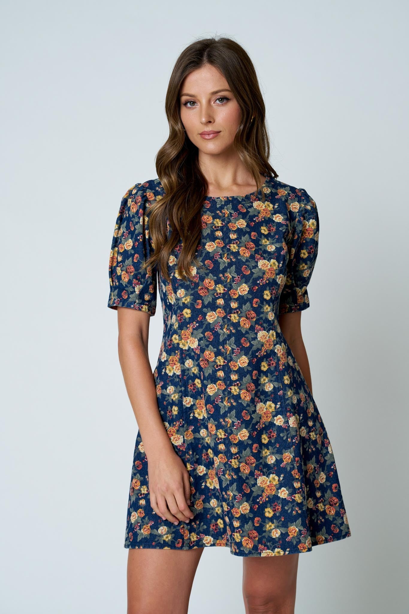 Navy Floral Puff Sleeve Seam Detail Denim Mini Dress