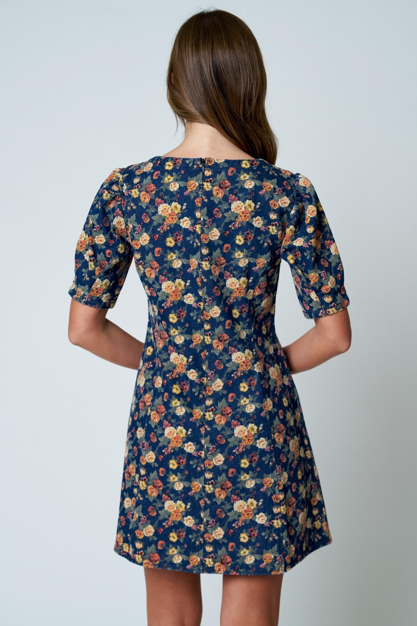 Navy Floral Puff Sleeve Seam Detail Denim Mini Dress