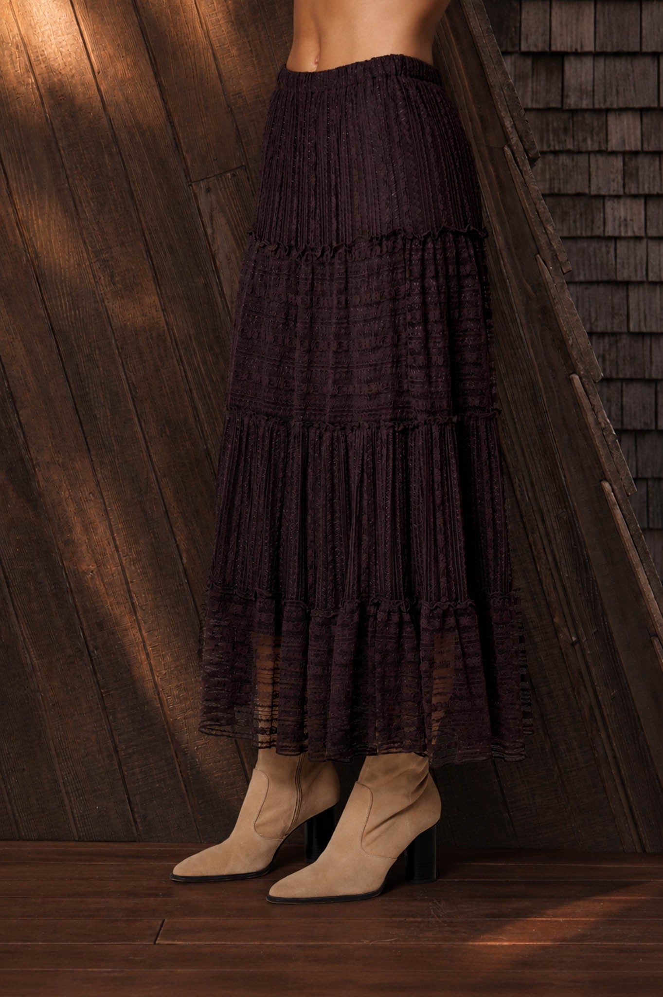 Chocolate Brown Textured Stripe Ruffle Tiered Midi Skirt