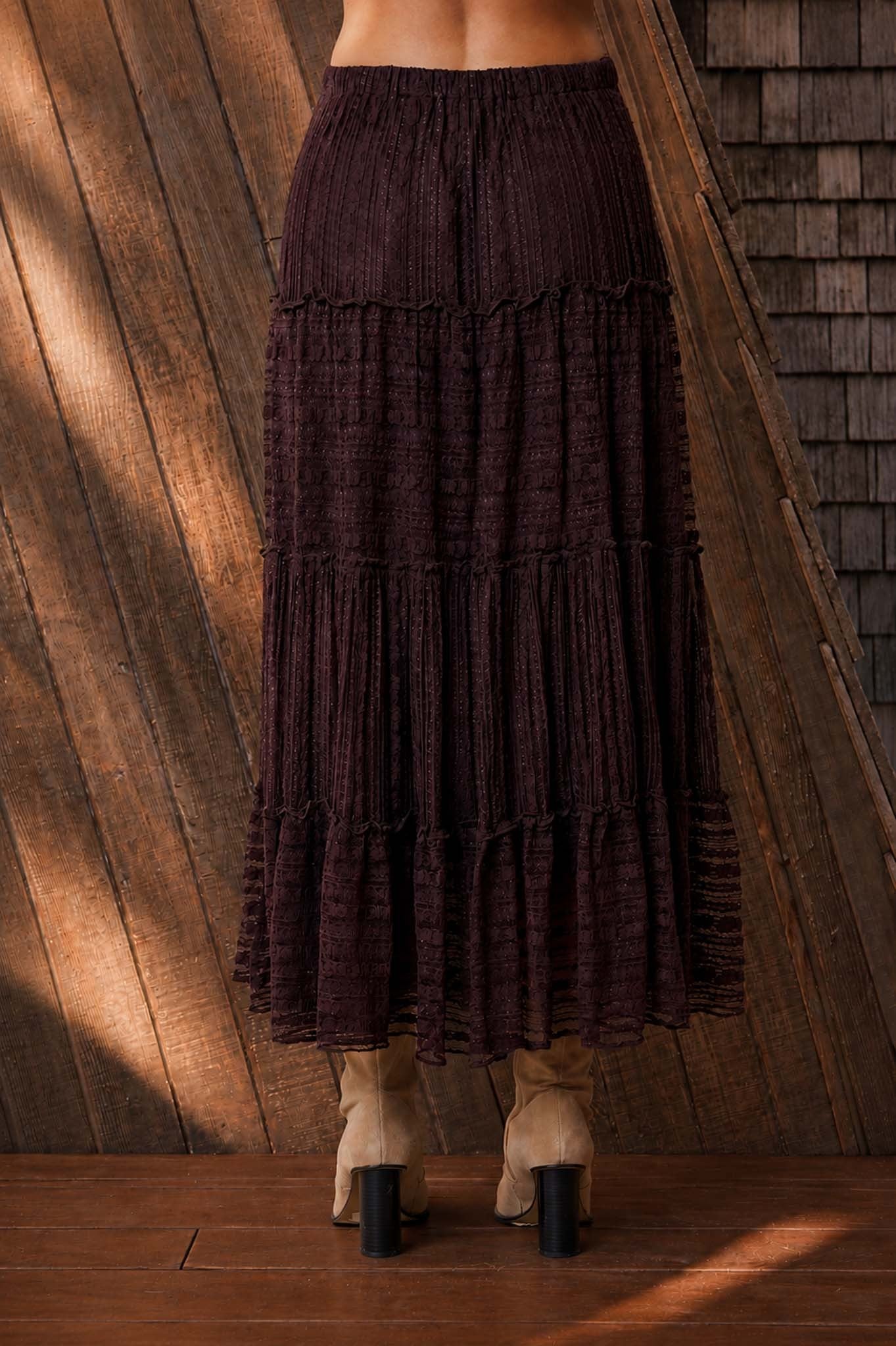 Chocolate Brown Textured Stripe Ruffle Tiered Midi Skirt