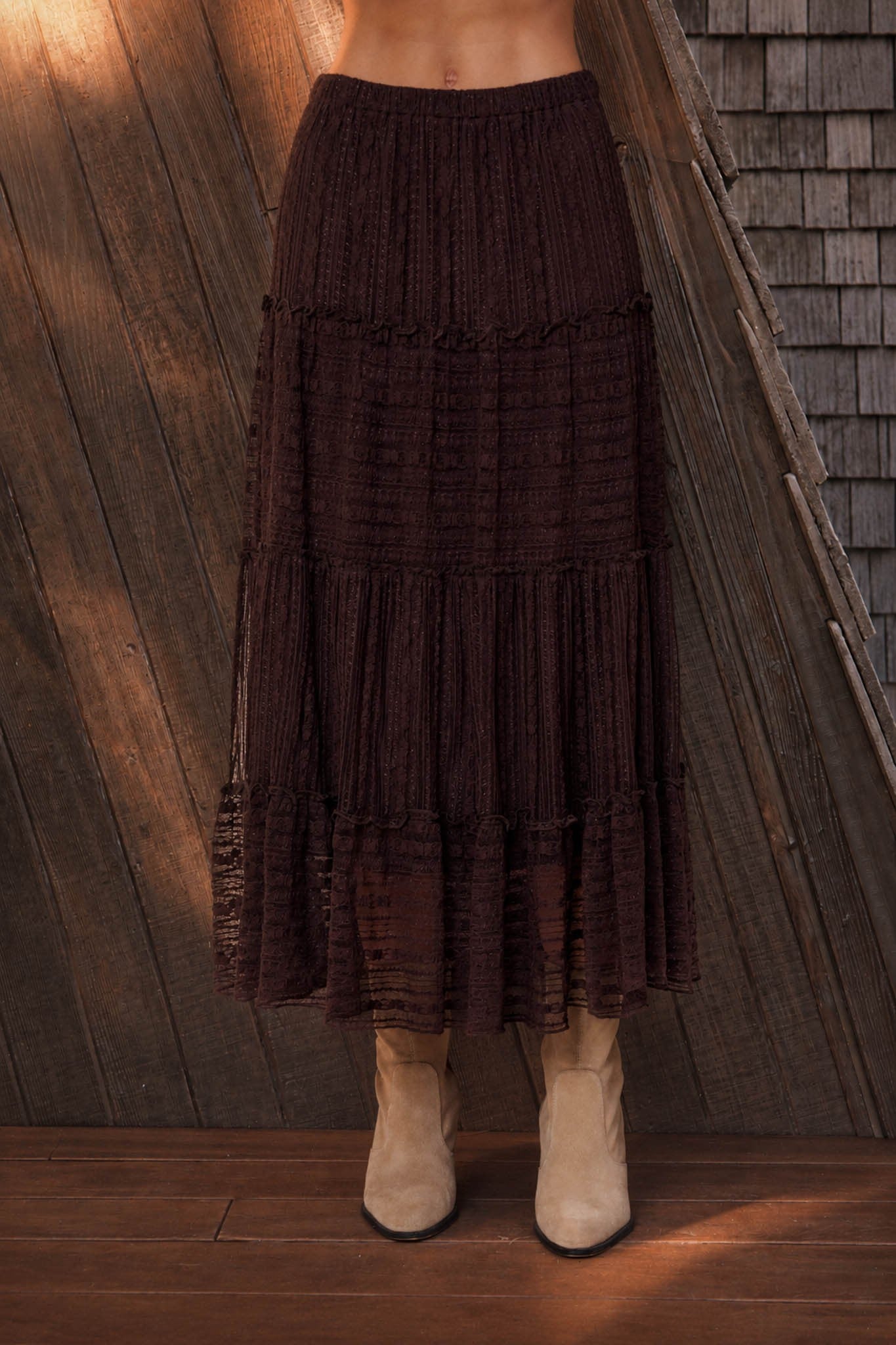 Chocolate Brown Textured Stripe Ruffle Tiered Midi Skirt