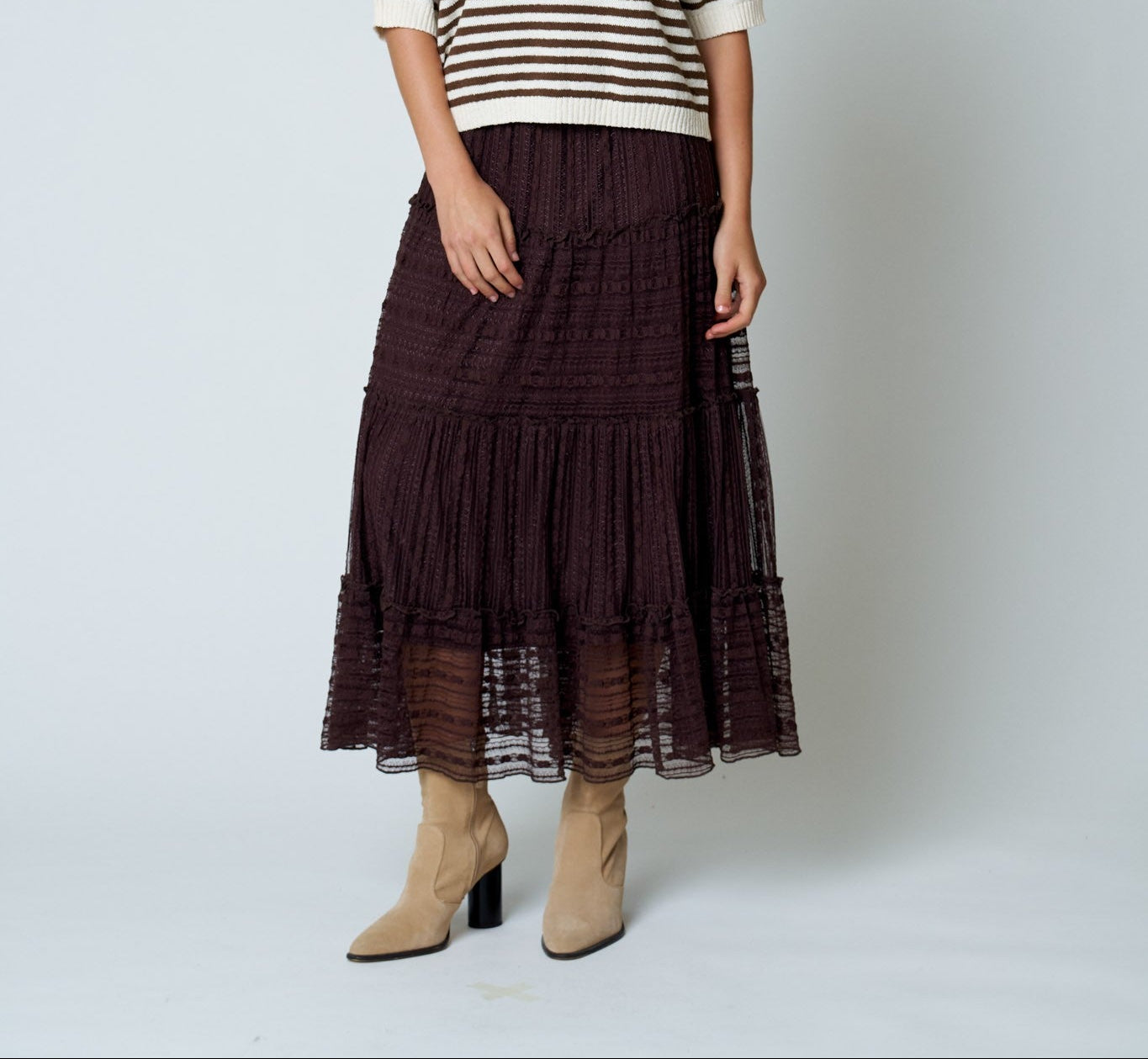 Chocolate Brown Textured Stripe Ruffle Tiered Midi Skirt