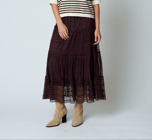Chocolate Brown Textured Stripe Ruffle Tiered Midi Skirt