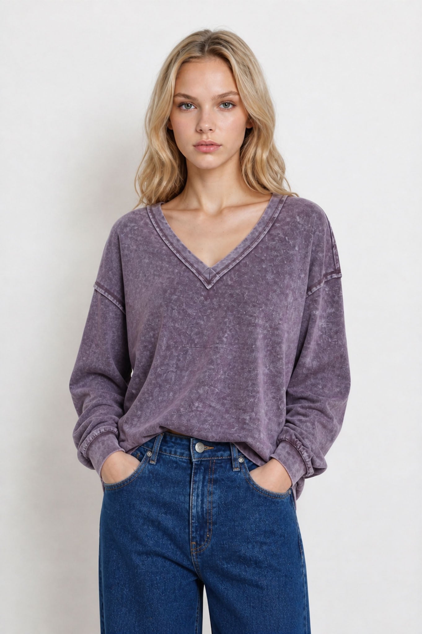 Eggplant Washed Inverted Seam Detail Long Sleeve Knit Top