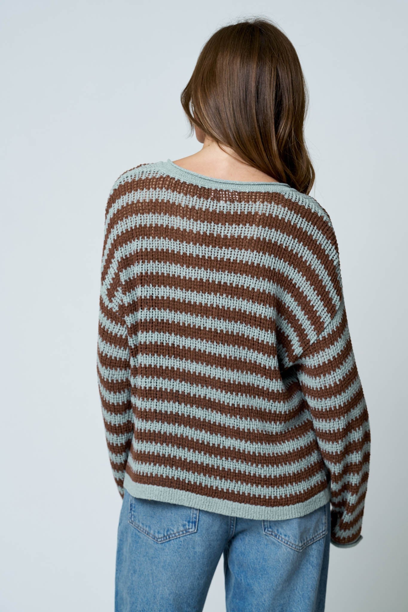 Striped Raw Edge Split Neck Sheer Knit Sweater