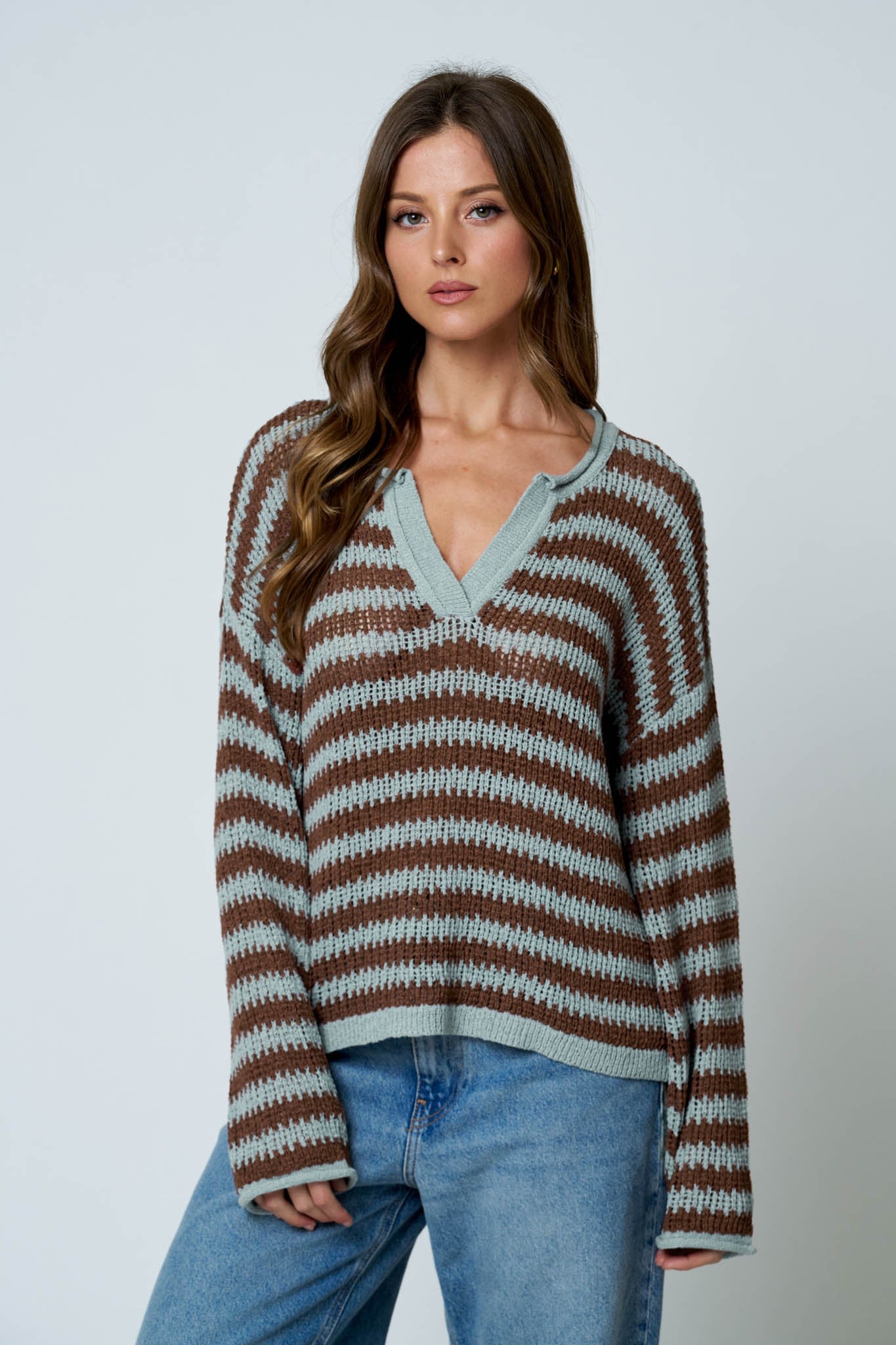 Striped Raw Edge Split Neck Sheer Knit Sweater