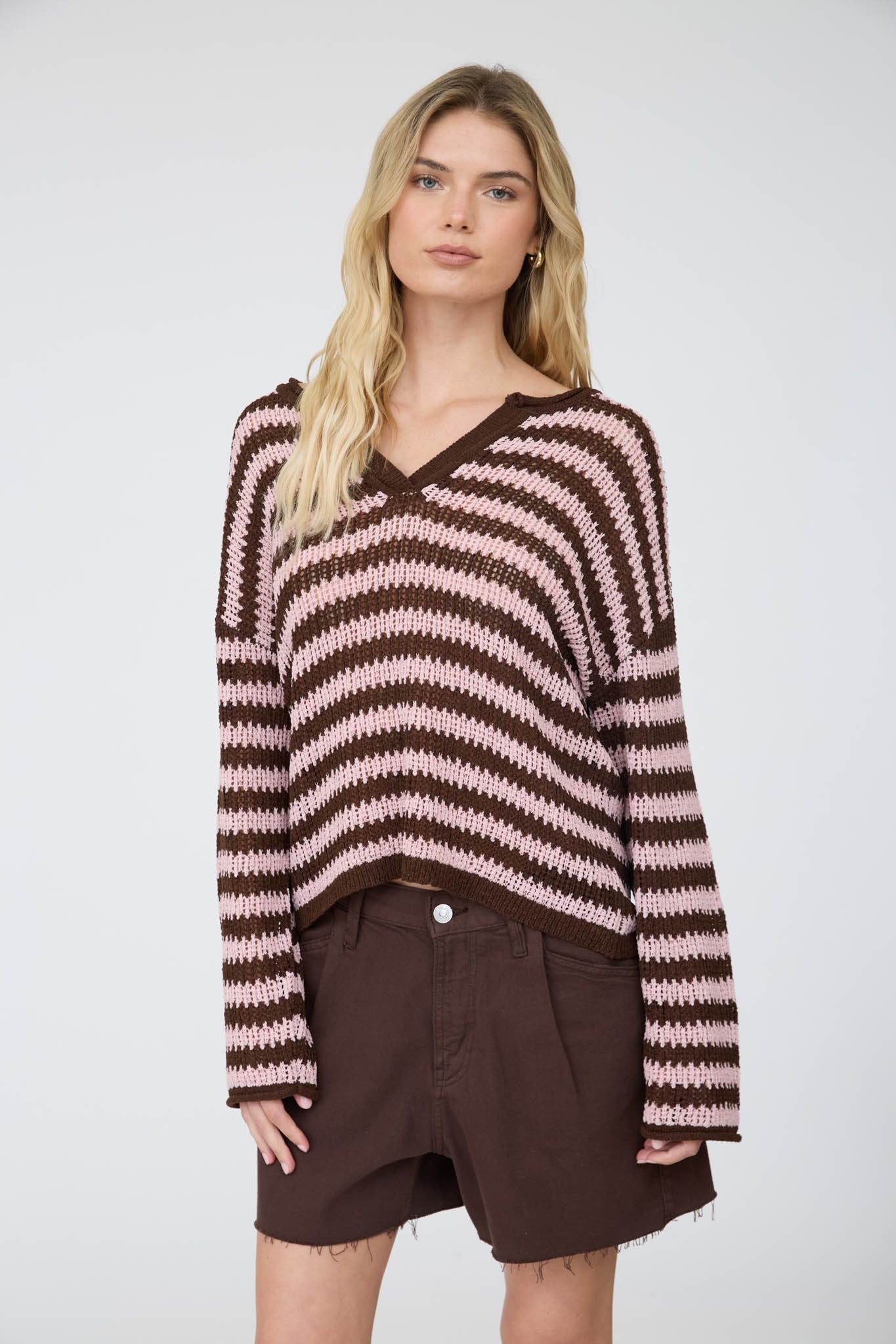 Striped Raw Edge Split Neck Sheer Knit Sweater