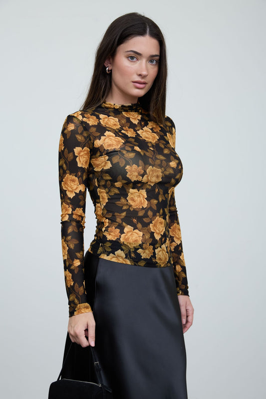 Black With Yellow Floral Mesh Mock Neck Long Sleeve Knit Top