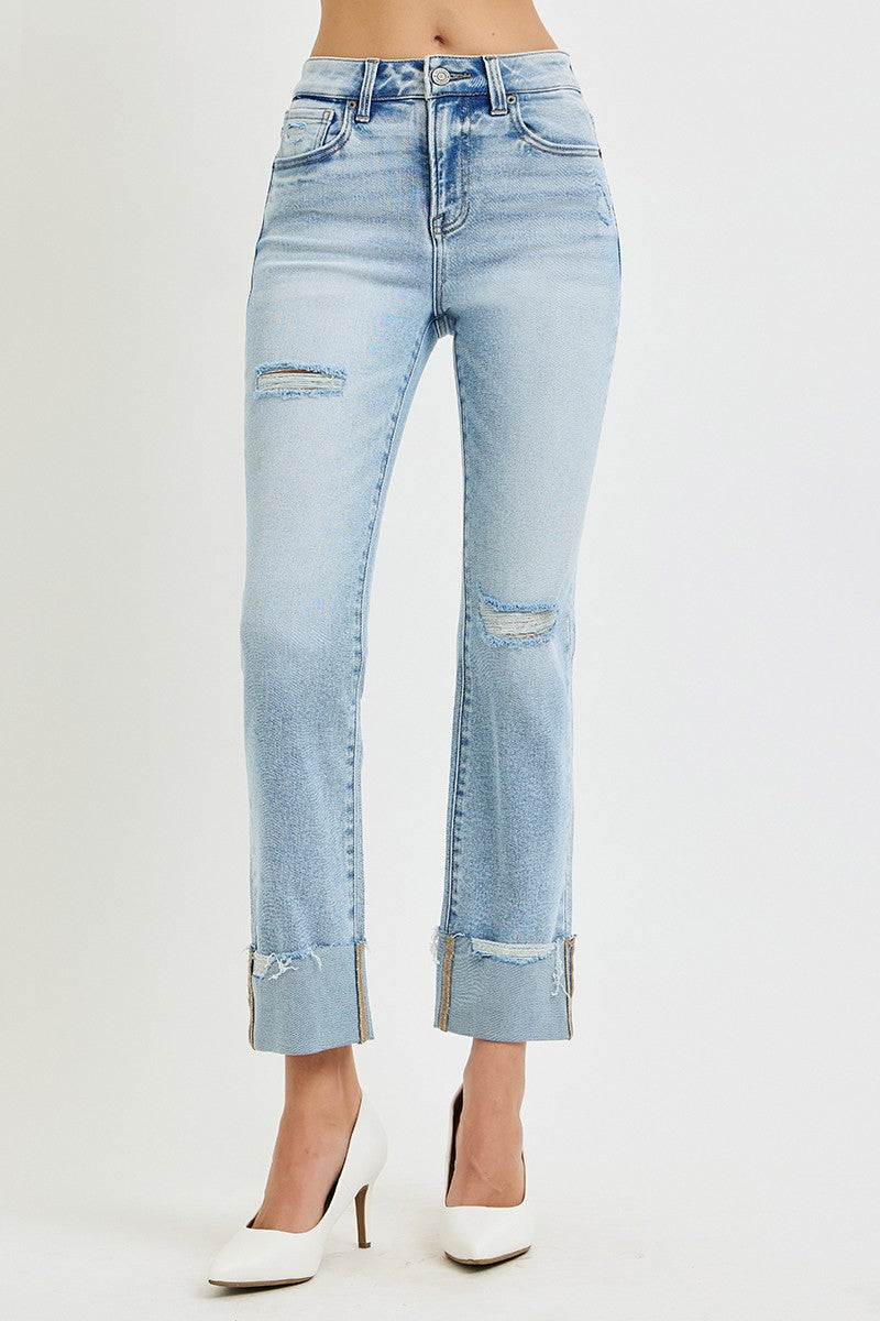 High Rise Crop Straight Cuffed Jeans