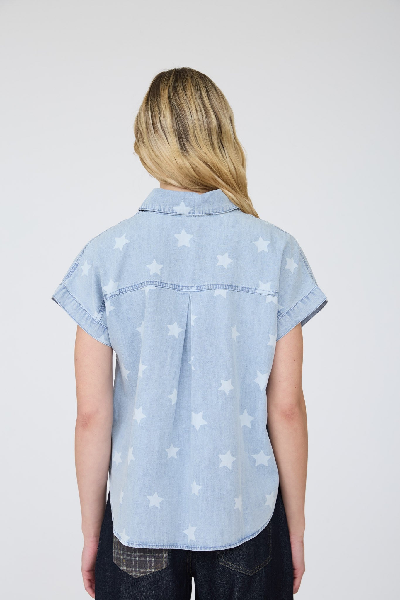 Washed Denim Star Pattern Collared Shirt