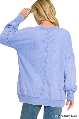 Zenana Terry Acid Wash Raw Edge Front Pocket Pullover