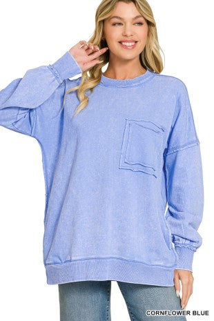 Zenana Terry Acid Wash Raw Edge Front Pocket Pullover