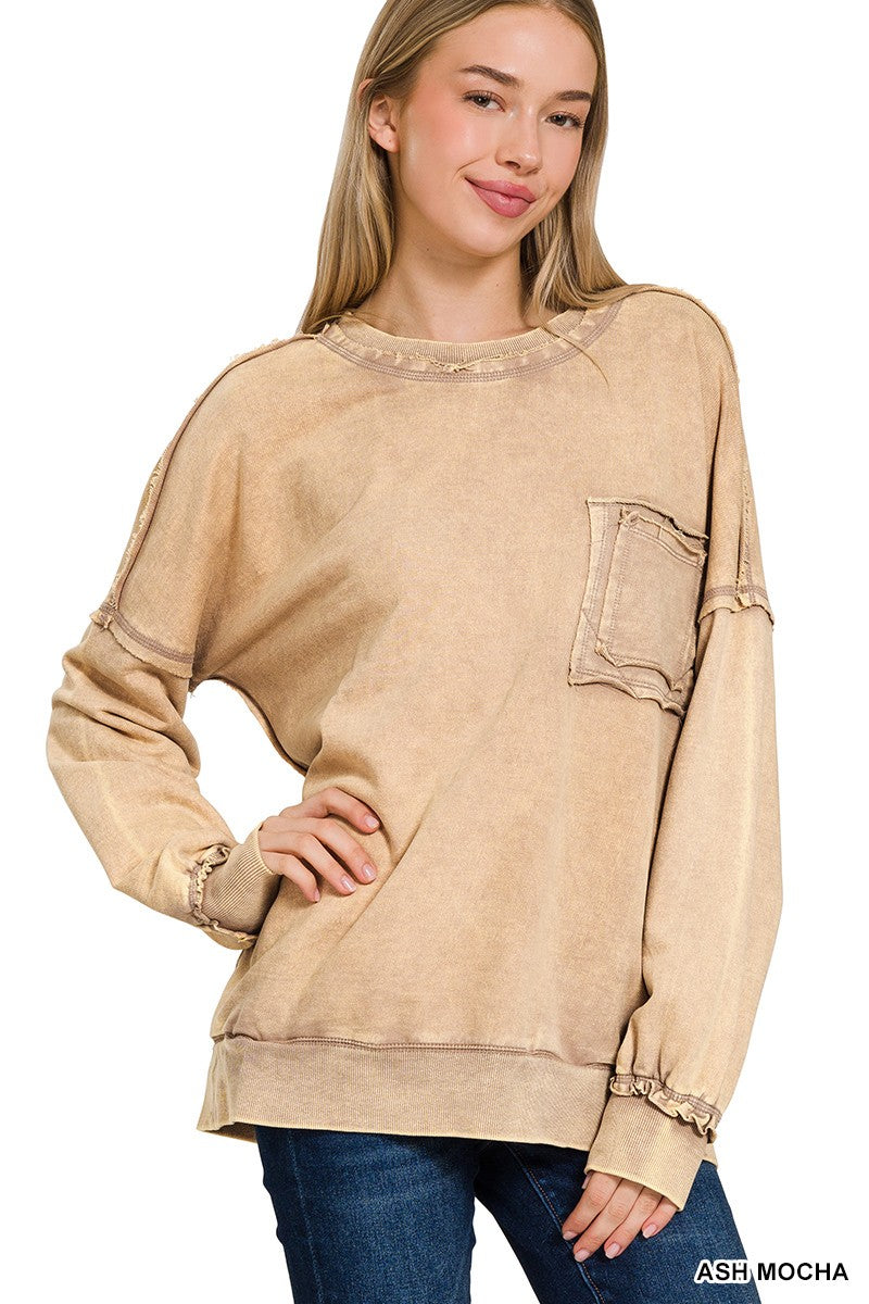 Zenana Terry Acid Wash Raw Edge Front Pocket Pullover