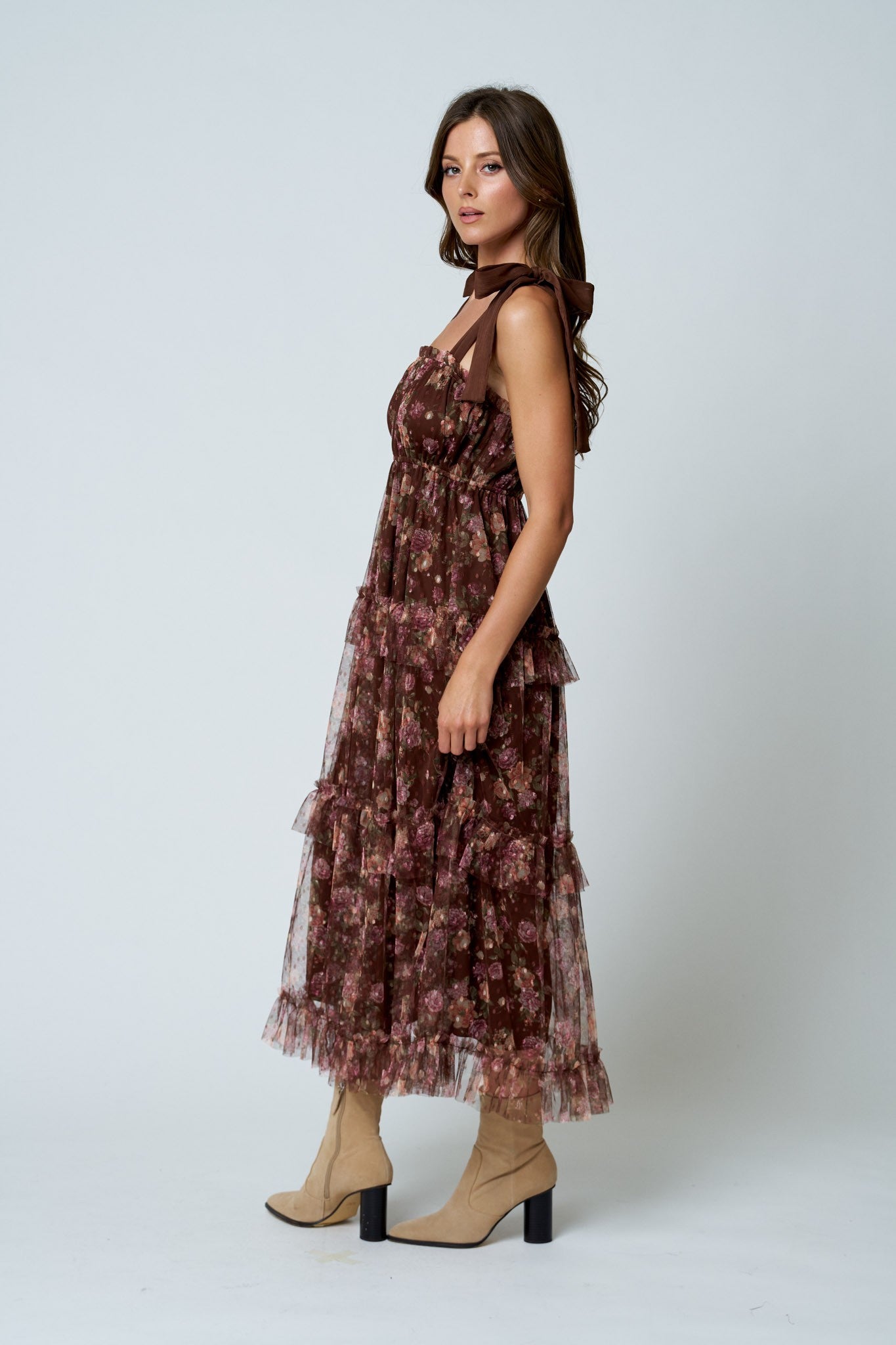 Brown Floral Chiffon Tie Strap Ruffled Tiered Midi Dress
