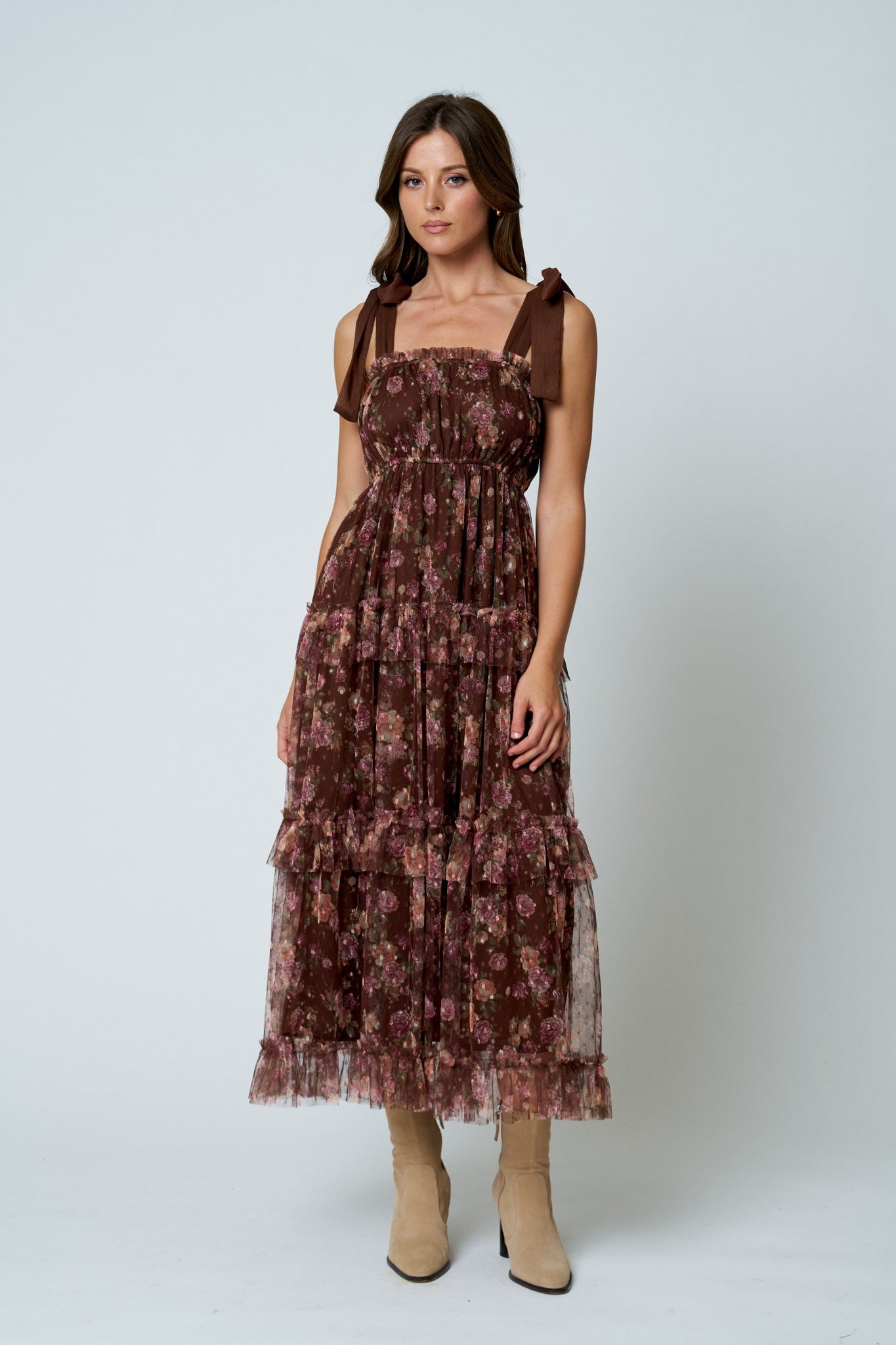 Brown Floral Chiffon Tie Strap Ruffled Tiered Midi Dress