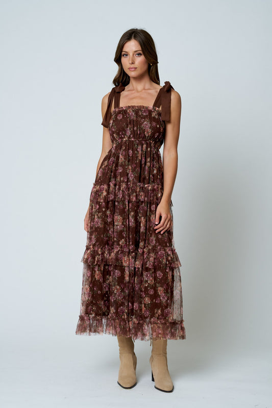 Brown Floral Chiffon Tie Strap Ruffled Tiered Midi Dress