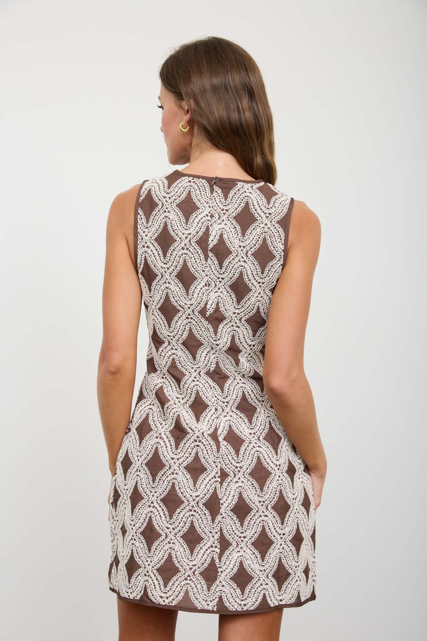 Brown Textured Geometric Sleeveless Mini Dress