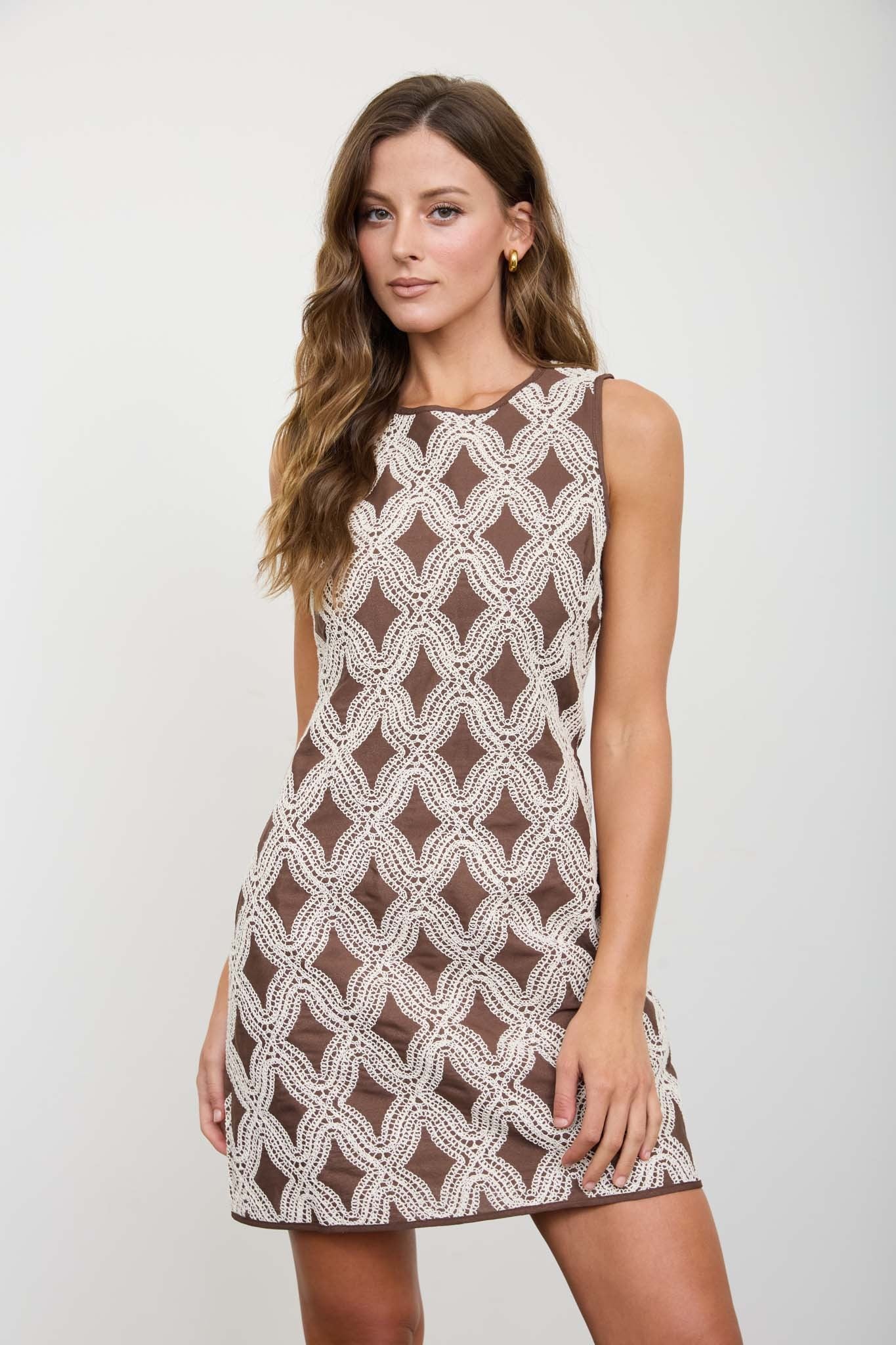 Brown Textured Geometric Sleeveless Mini Dress