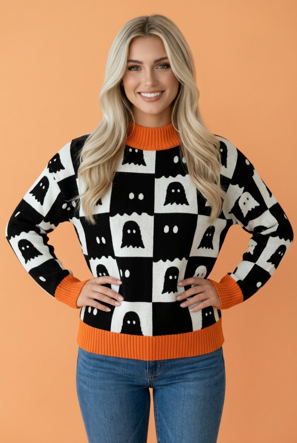 Halloween Ghost Checkered Long Sleeve High Neck Sweater
