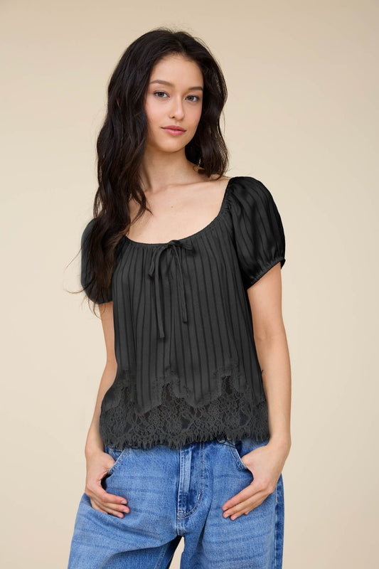 Pinstripe Lace Hem Puff Sleeve Top