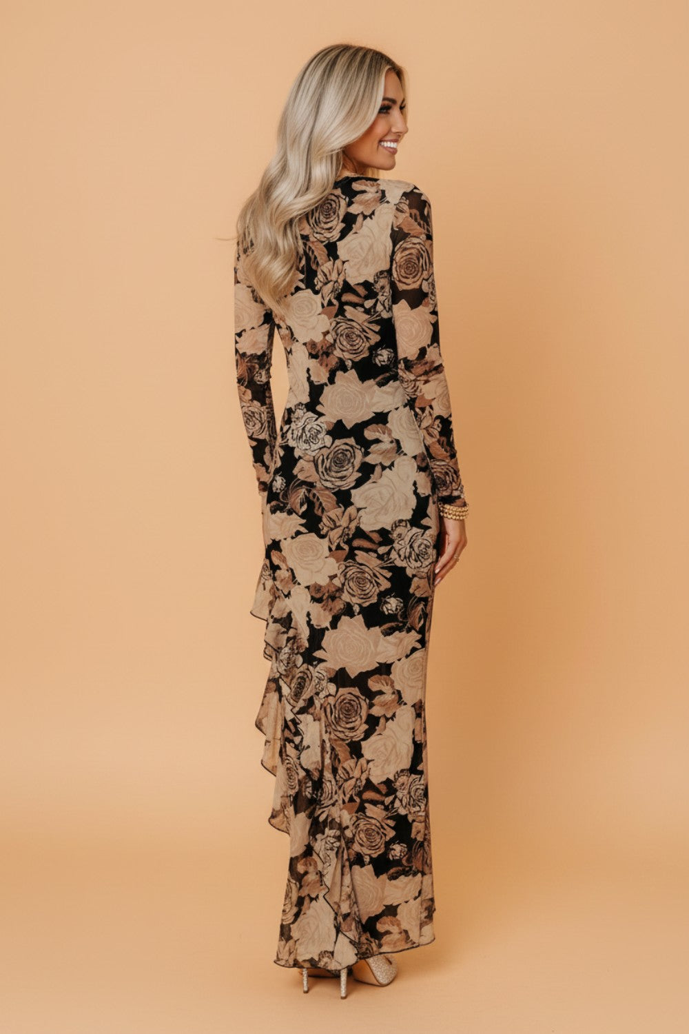 Floral Long Sleeve Asymmetric Split Hem Mesh Dress
