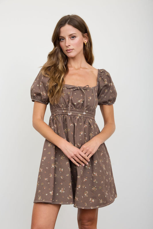 Dark Brown Ditsy Floral Puff Sleeve Mini Dress
