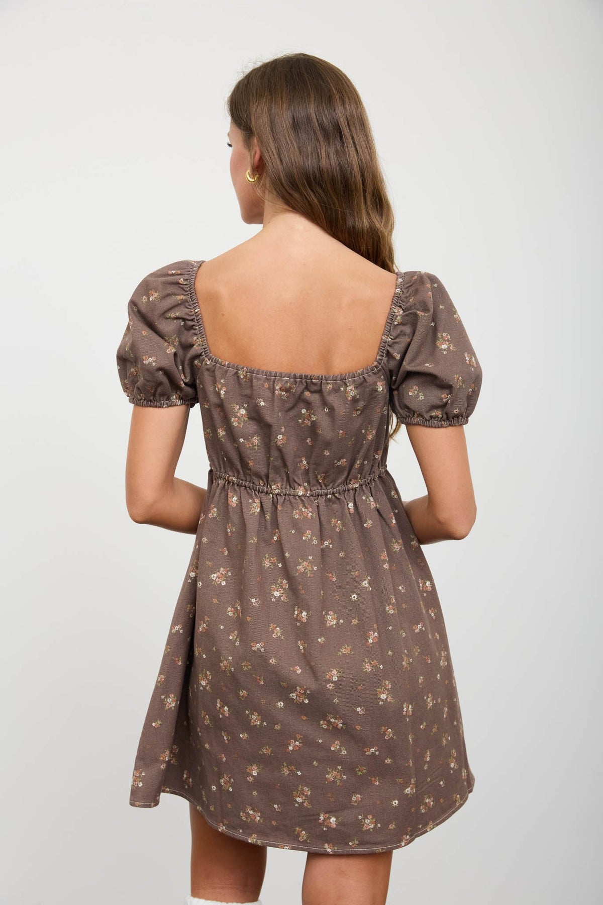 Dark Brown Ditsy Floral Puff Sleeve Mini Dress