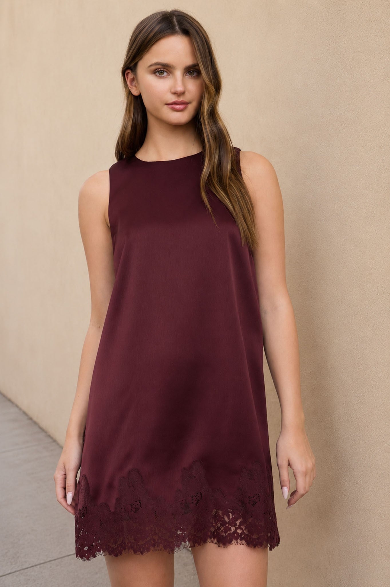 Oxblood Satin Lace Hem Sleeveless Mini Dress