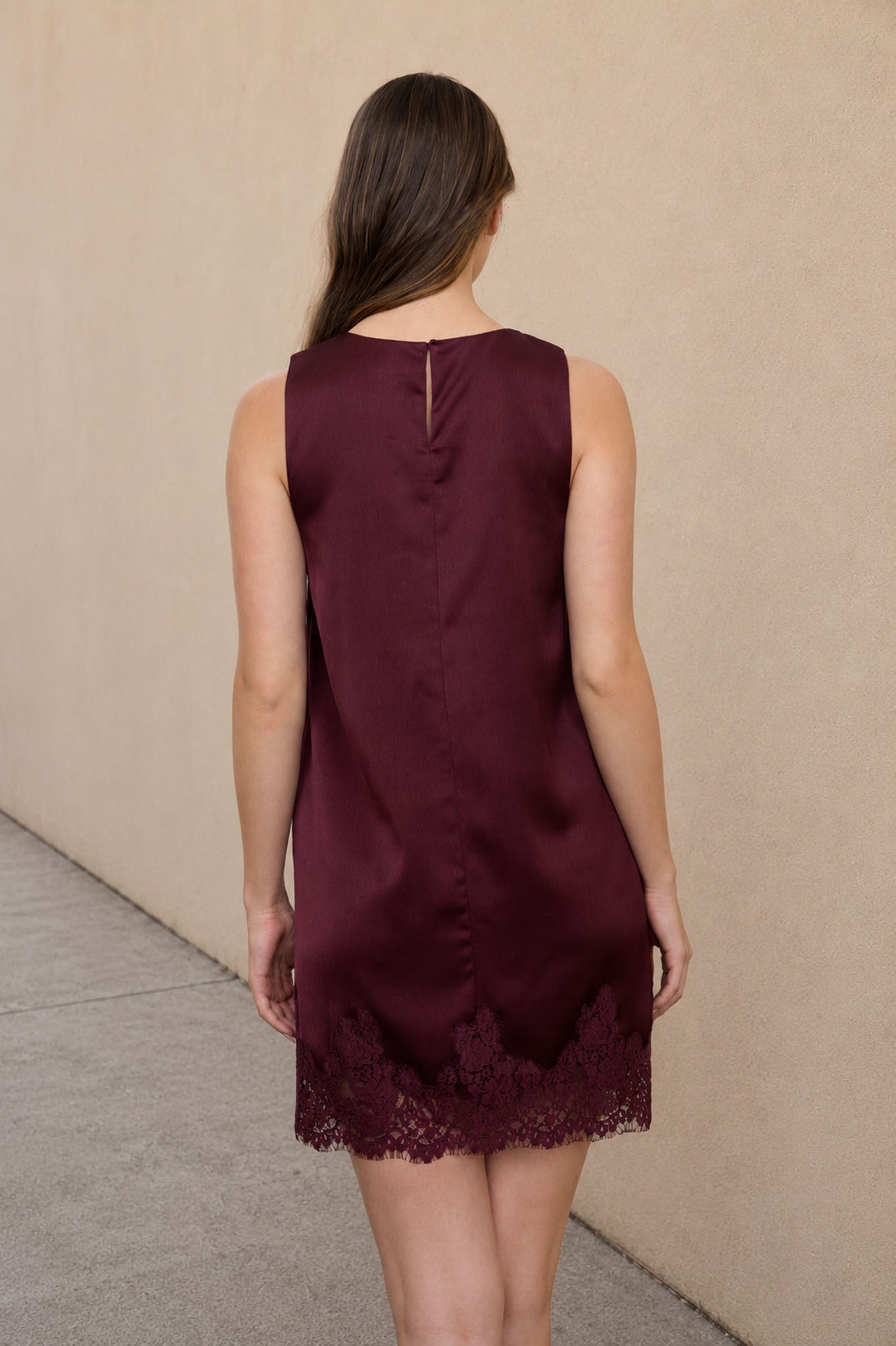 Oxblood Satin Lace Hem Sleeveless Mini Dress