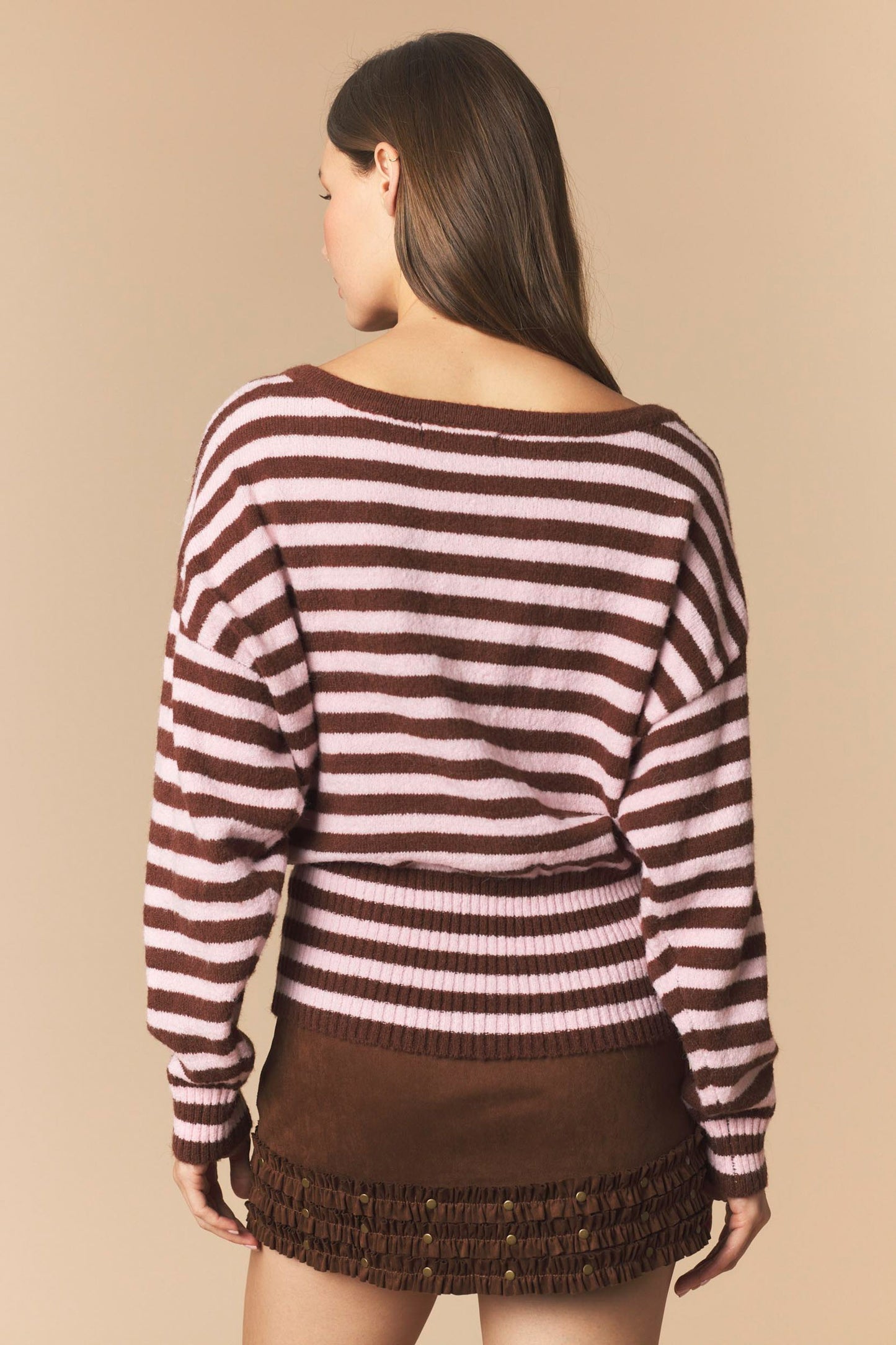 Peach Love Boat Neck Waist-fitted Striped Sweater