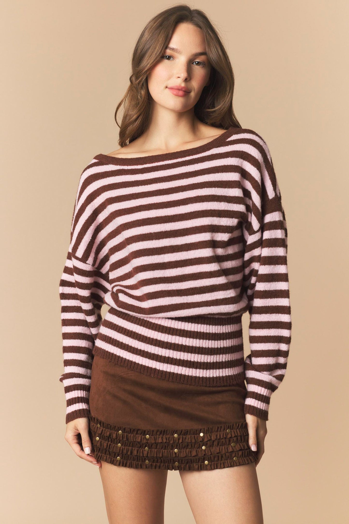 Peach Love Boat Neck Waist-fitted Striped Sweater