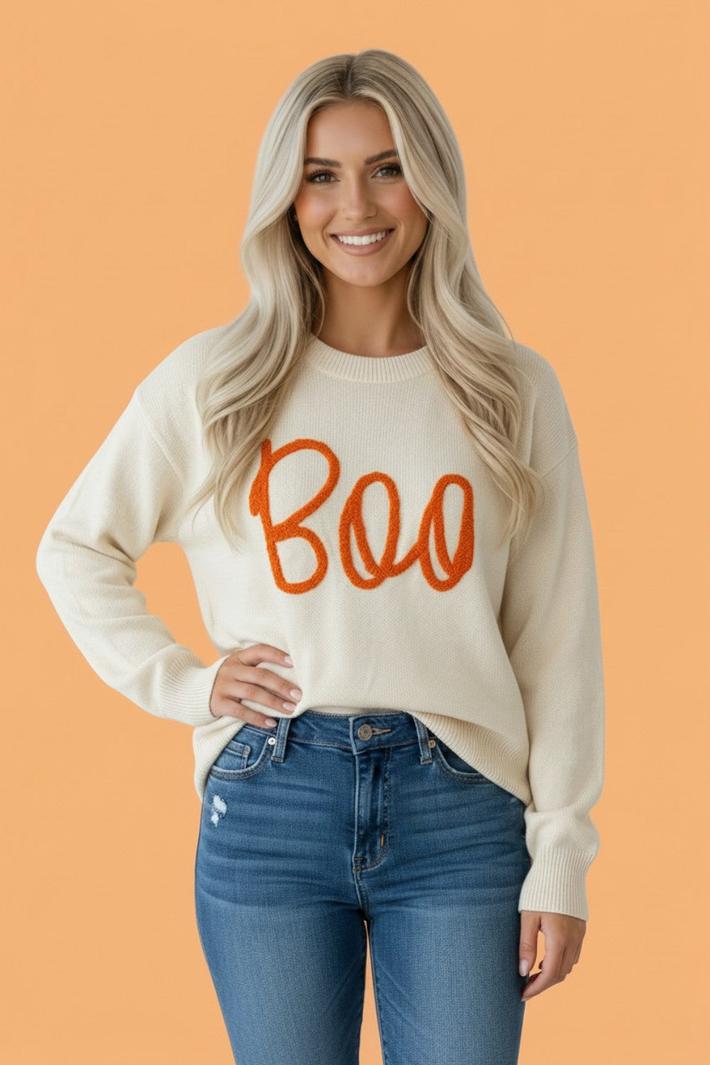 Halloween Boo Drop Shoulder Ribbed Trim Sweater