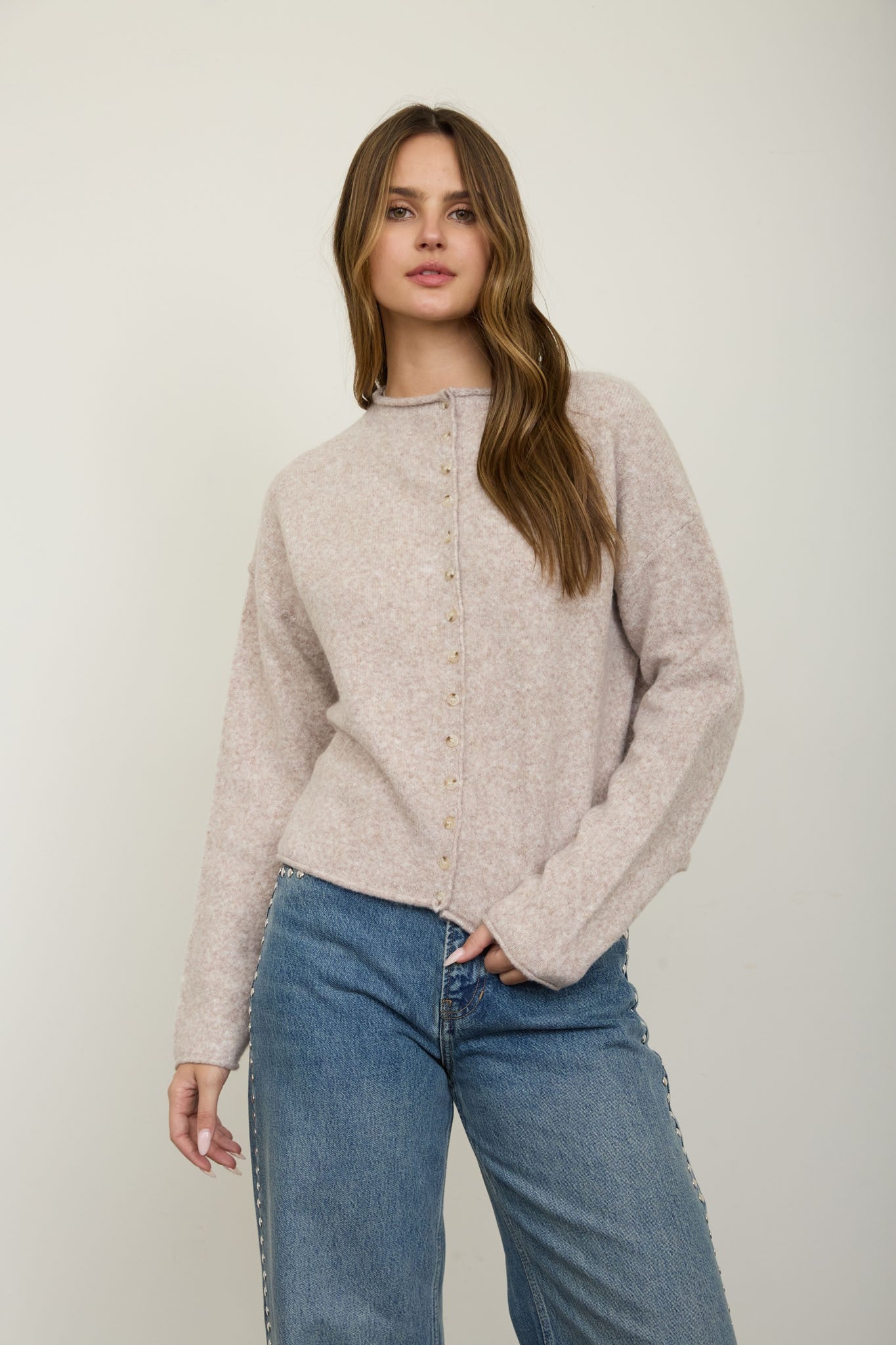 Oatmeal Raw Edge Button Down Cardigan