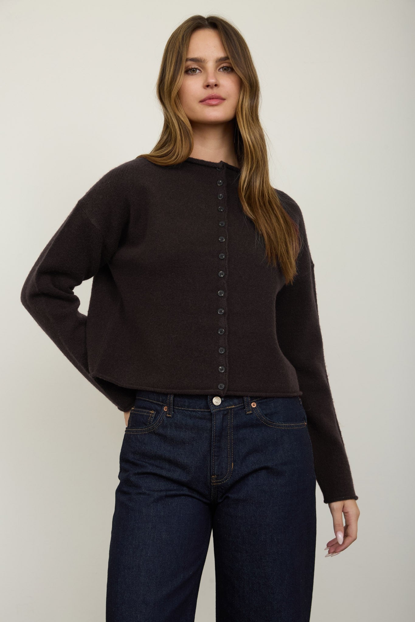 Raw Edge Mock Neck Button Down Cardigan