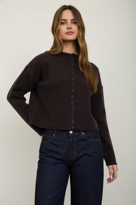 Raw Edge Mock Neck Button Down Cardigan