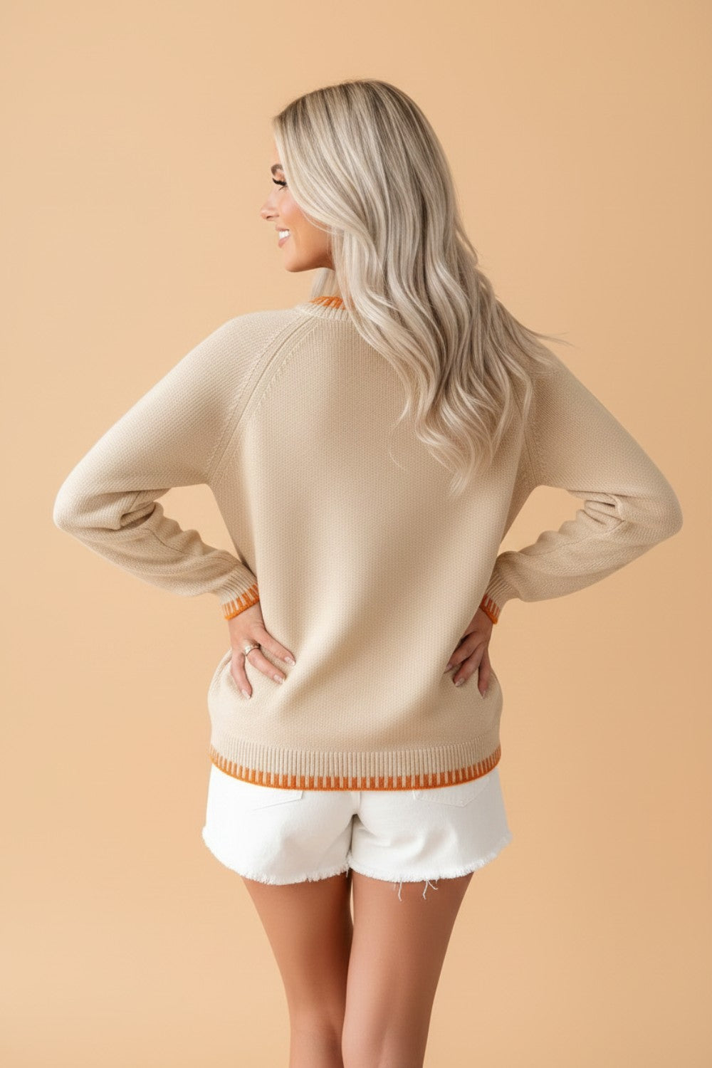 Pumpkin Floral Embroidered Round Neck Sweater