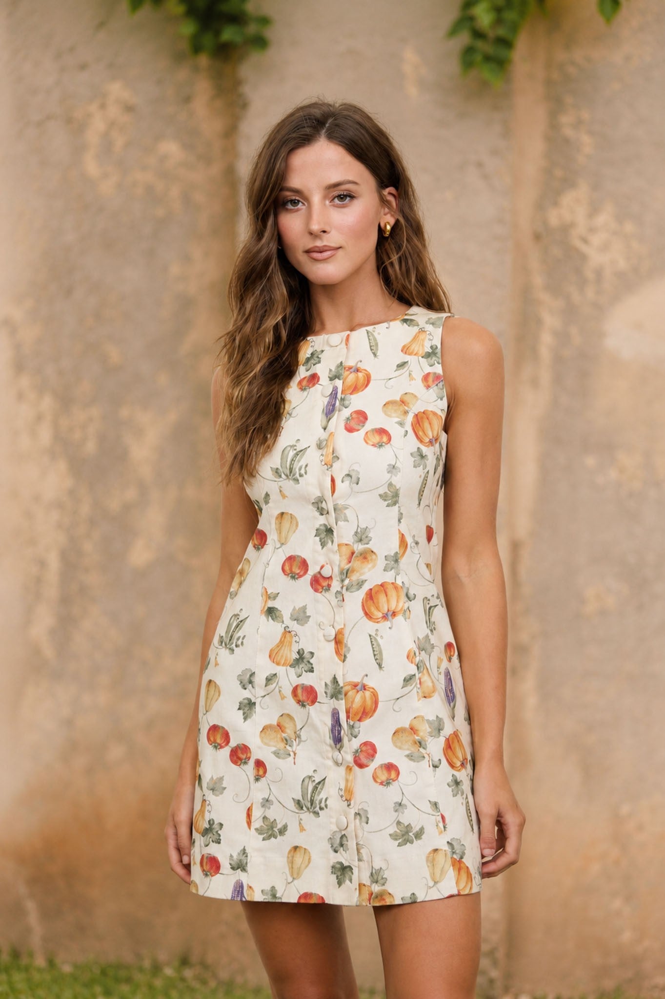 Fall Pattern Sleeveless Button Down Mini Dress