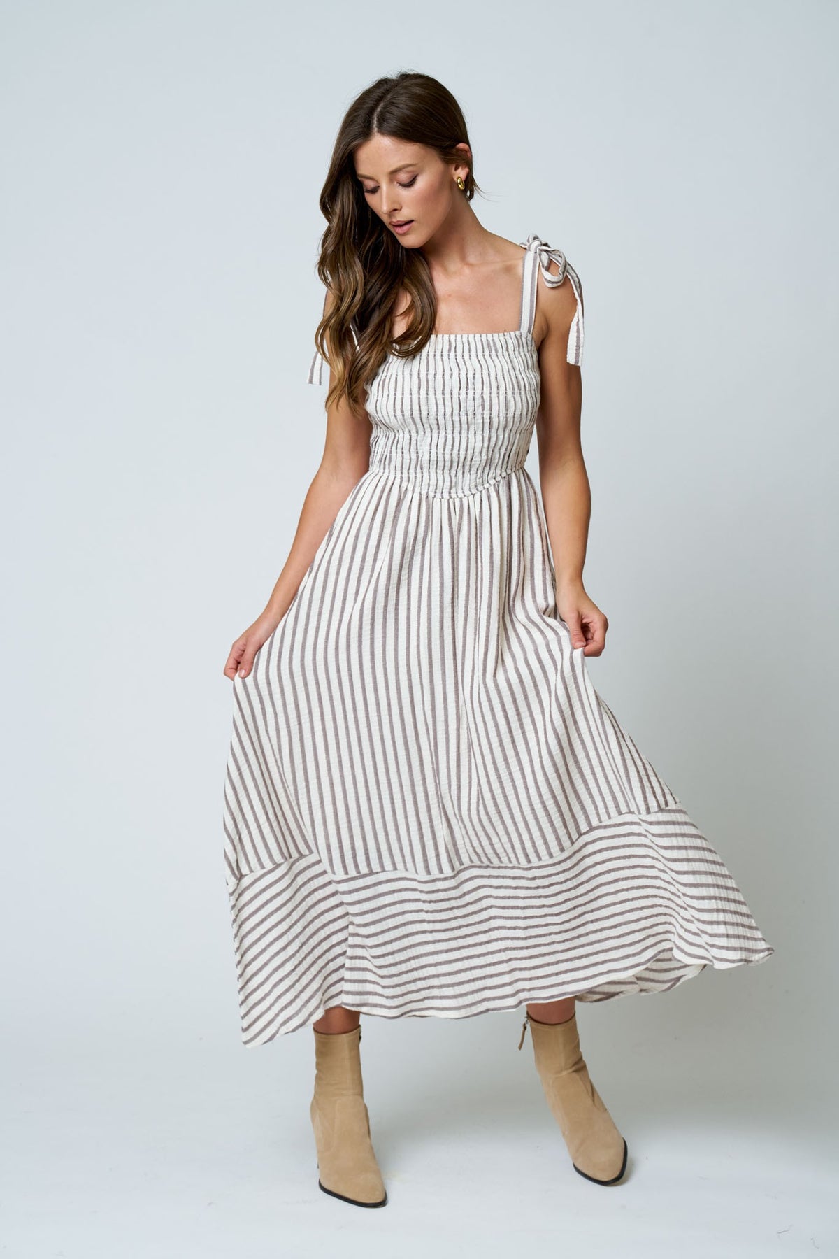 Brown Stripe Smocked Tie Strap Maxi Dress