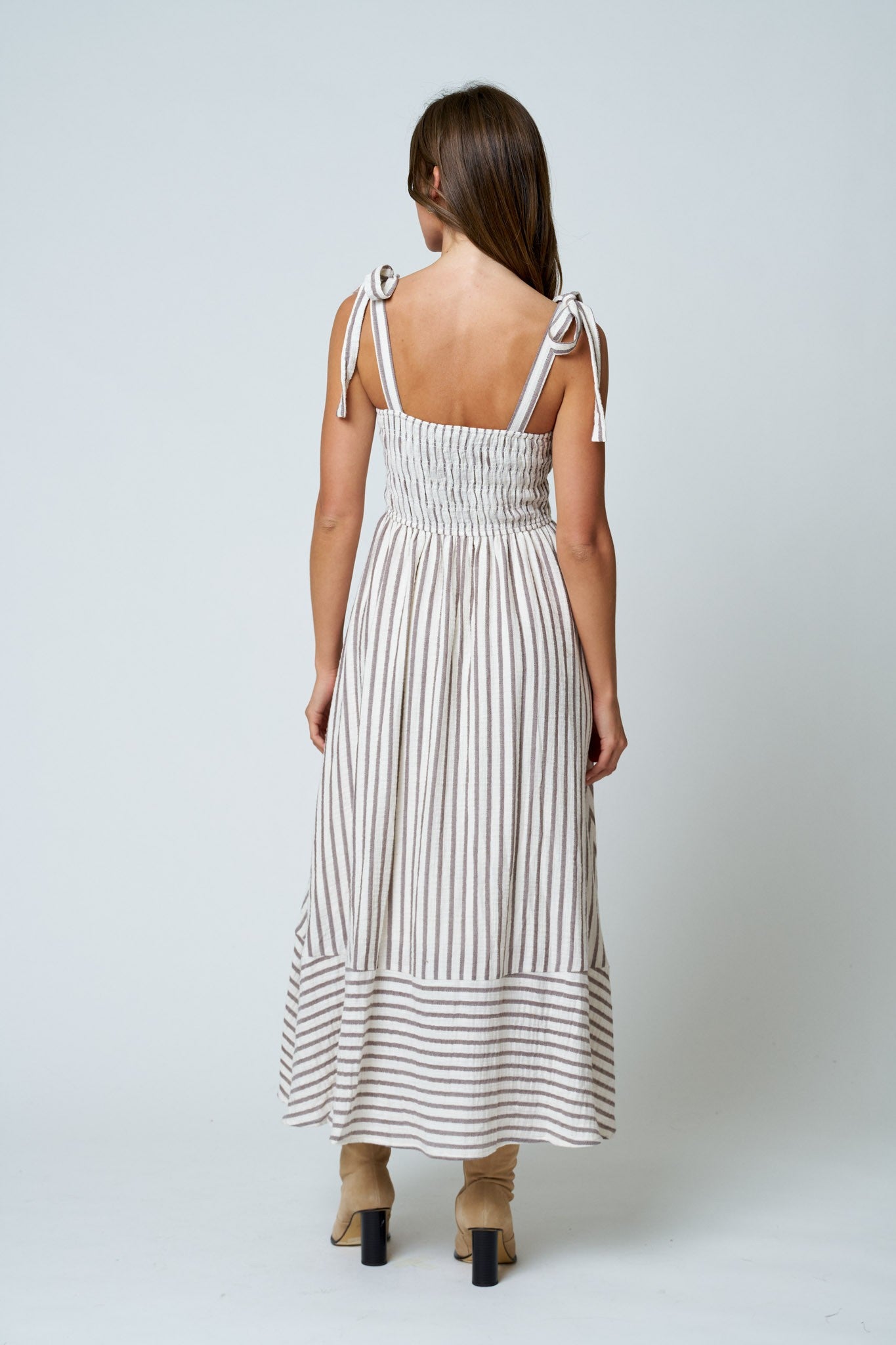 Brown Stripe Smocked Tie Strap Maxi Dress
