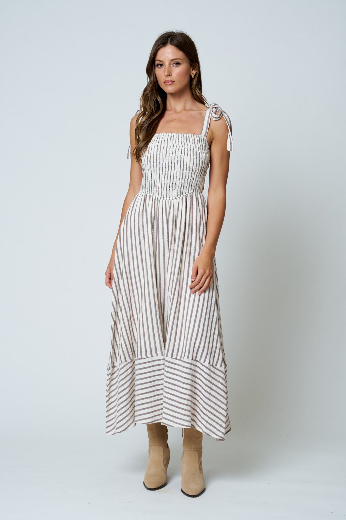 Brown Stripe Smocked Tie Strap Maxi Dress